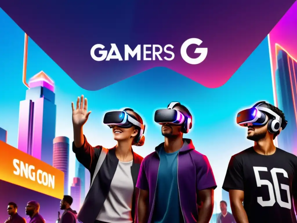 Grupo de gamers disfrutando de una emocionante experiencia de realidad virtual en una ciudad futurista con tecnología 5G para mejorar realidad virtual