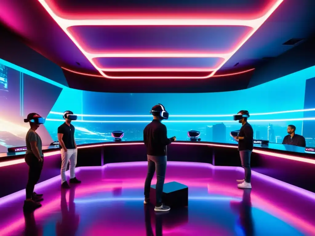 Grupo de gamers inmersos en un ambiente futurista de realidad virtual en la E3, con tecnología avanzada y luces neón