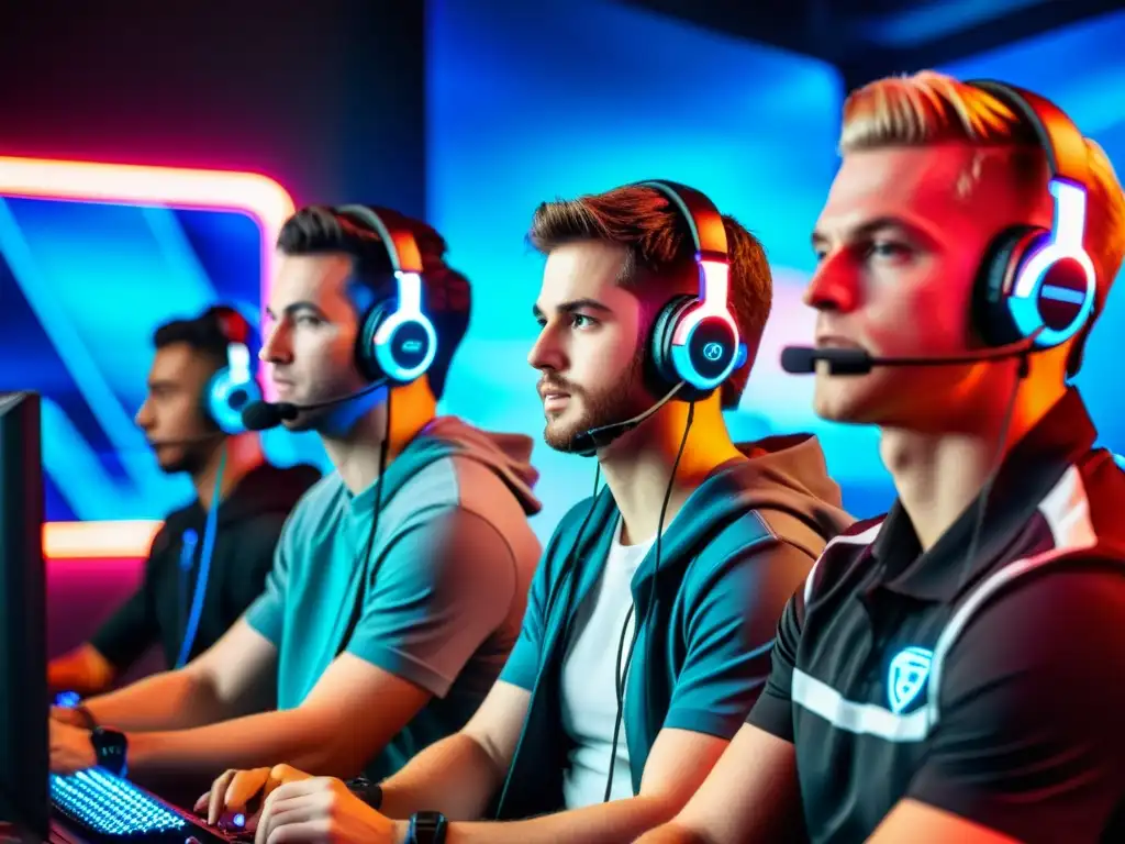 Grupo de gamers profesionales en una arena futurista, concentrados en sus pantallas con tecnología 5G, impacto en eSports gamers