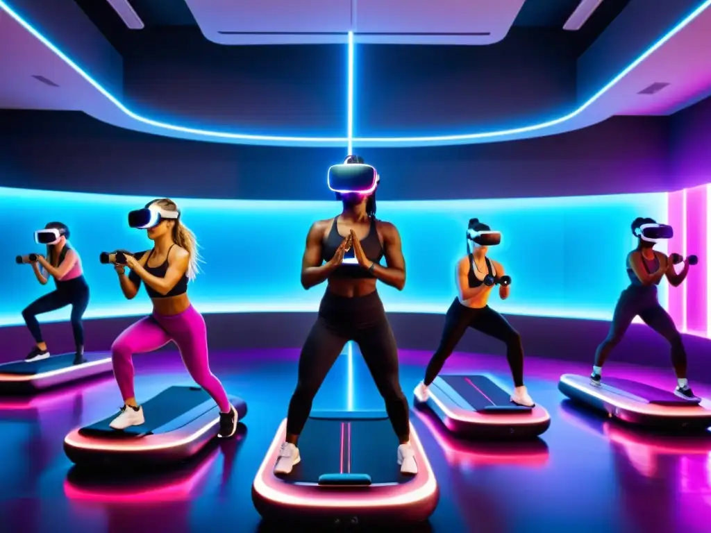 Grupo disfruta del impacto de la realidad virtual en gimnasios con equipo futurista y desafíos fitness interactivos en un espacio vibrante y dinámico