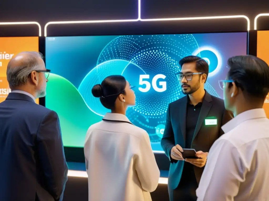 Un grupo de ingenieros y científicos analizan datos en un panel de control 5G futurista, destacando el consumo eficiente en redes 5G