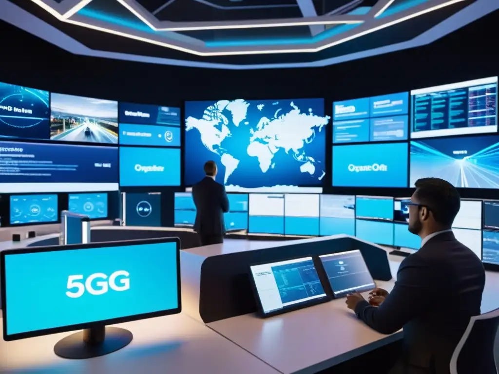 Grupo de ingenieros abordando desafíos de las redes 5G en centro de operaciones futurista, rodeados de tecnología de vanguardia y pantallas digitales