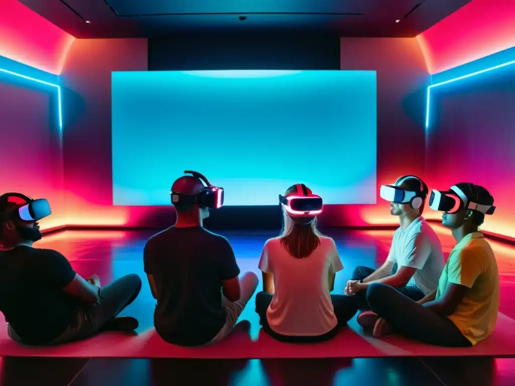 Grupo inmerso en la realidad virtual en sala futurista con tecnología holográfica y luces de neón, viendo narrativa cinematográfica