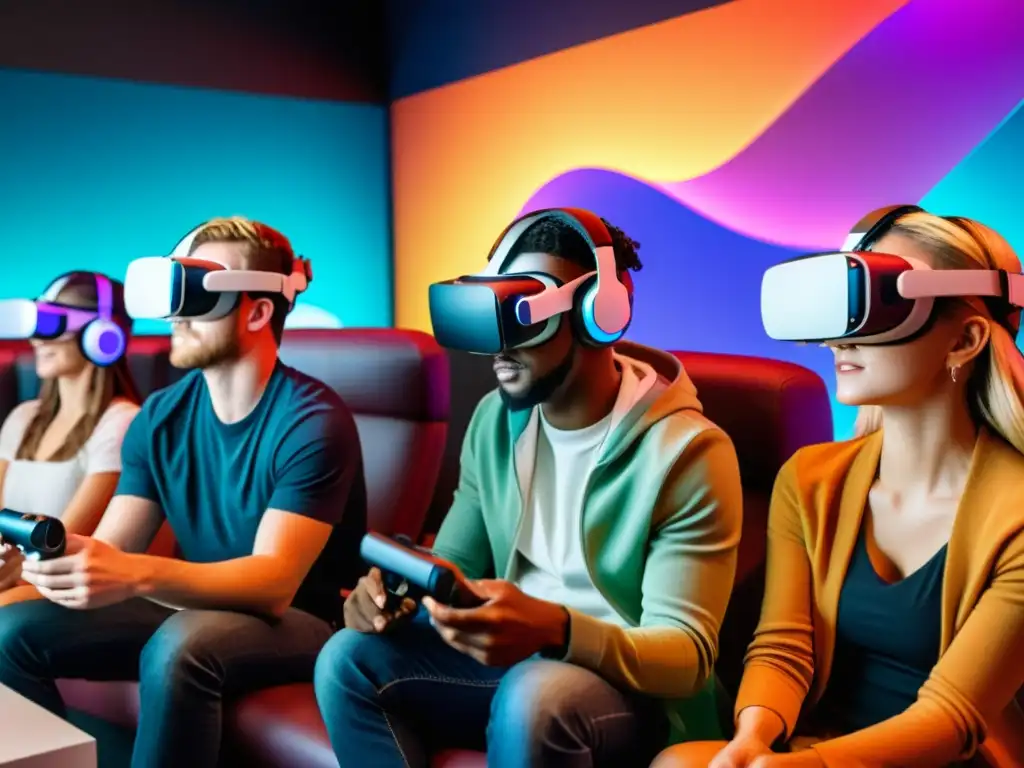 Un grupo de jóvenes diversos disfruta de la realidad virtual en un entorno digital futurista, con elementos educativos y de juego