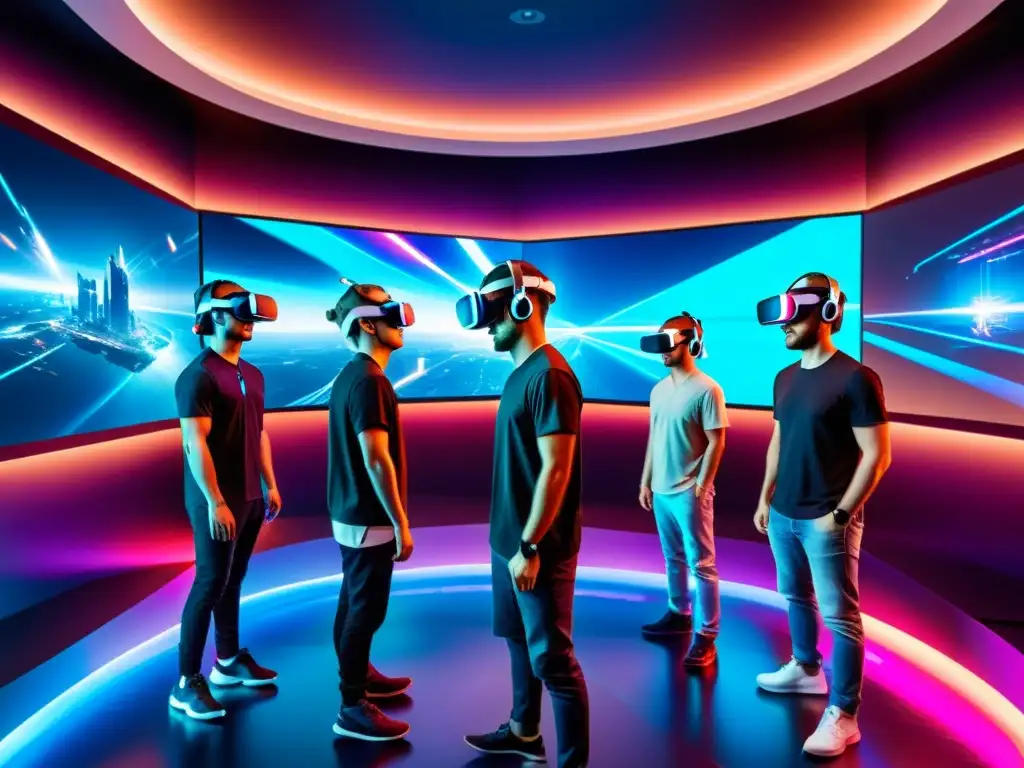 Grupo de jugadores inmersos en un entorno futurista de juego en realidad virtual, desafiando la experiencia de juego inmersiva 5G