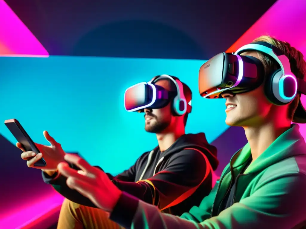 Grupo de jugadores inmersos en experiencias de realidad virtual en videojuegos, interactuando con un mundo futurista vibrante y tecnológico en 2023