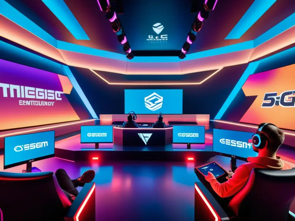 Grupo de jugadores profesionales de eSports concentrados en la competencia, rodeados de tecnología 5G de vanguardia