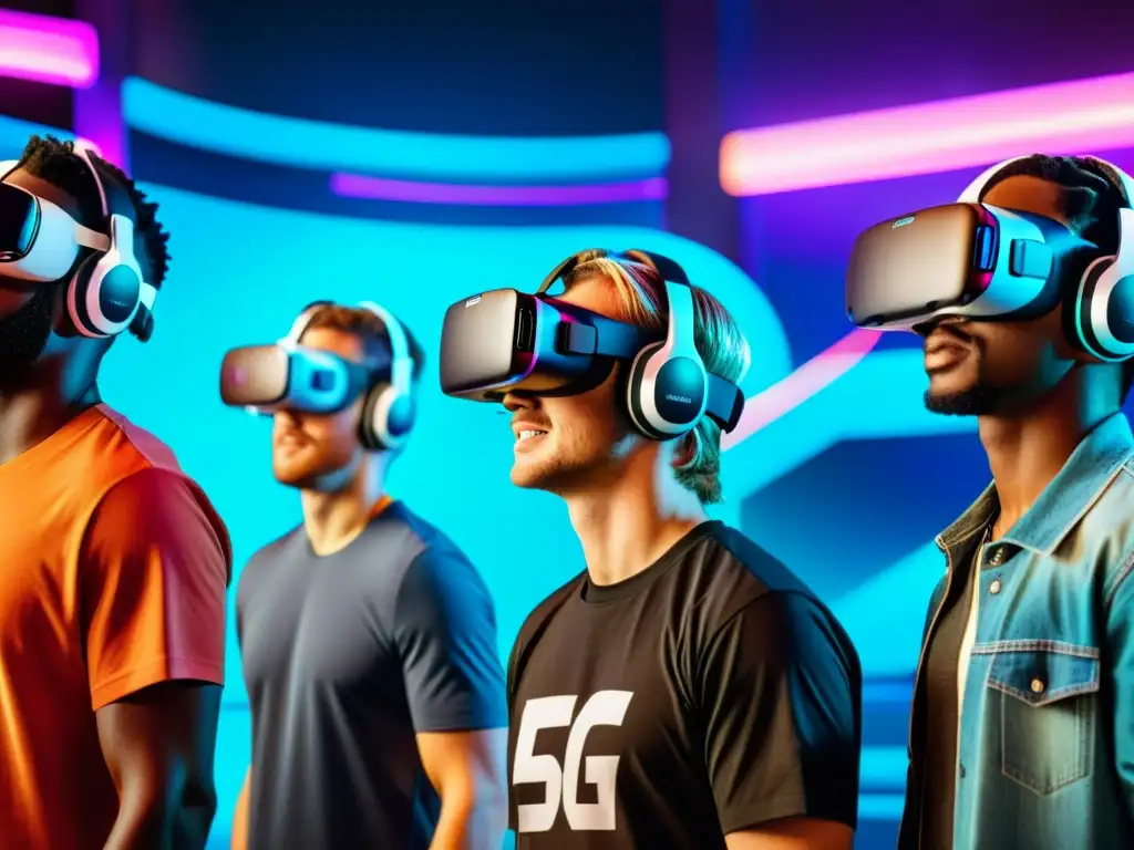 Grupo de jugadores disfrutando de la realidad virtual en un mundo futurista gracias a la tecnología 5G para mejorar la experiencia en juegos