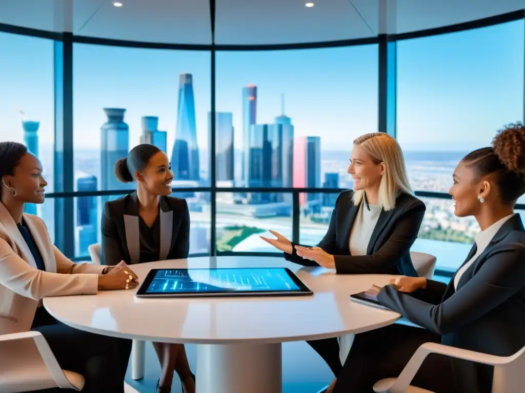 Grupo de mujeres diversas discutiendo inteligencia artificial y equidad de género con hologramas futuristas en una sala moderna con vista a la ciudad