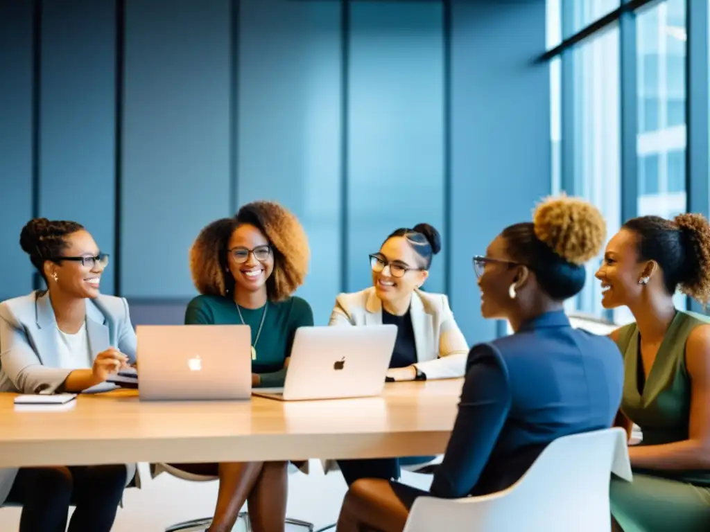 Grupo de mujeres empoderadas en la industria tech, colaborando en un proyecto en una oficina moderna