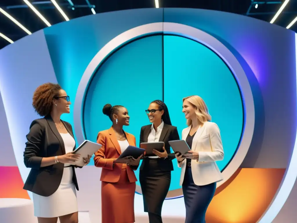 Grupo de mujeres empoderadas en conferencia tech, con laptops, rodeadas de tecnología futurista