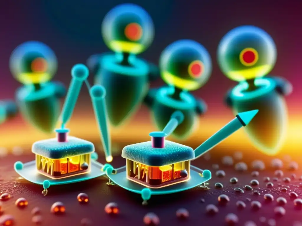 Nanorobots reparando tejido celular con precisión Un grupo de nanorobots iluminados trabajando en tejido humano, mostrando el potencial de la nanorobótica: desafíos y maravillas emergentes
