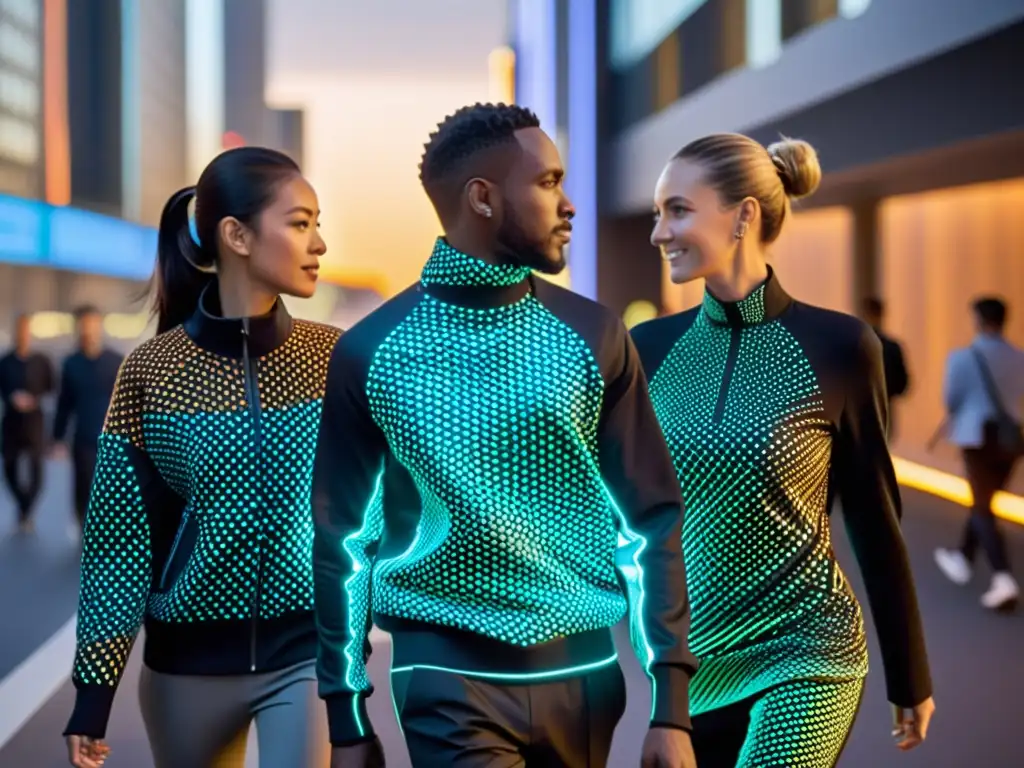 Un grupo viste NanoTextiles con patrones brillantes en una ciudad futurista