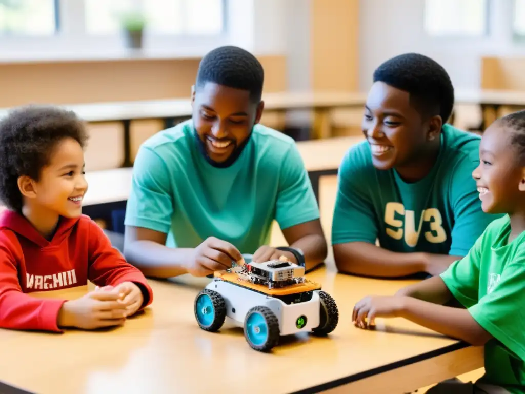 Un grupo de niños de una comunidad marginada construyendo y programando robots junto a un equipo diverso de mentores