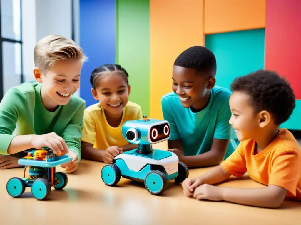 Un grupo de niños construye emocionados robots en un ambiente vibrante, guiados por un instructor sonriente