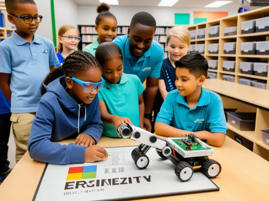 Un grupo de niños diversos observa entusiasmado cómo un brazo robótico ensambla un robot, rodeados de componentes electrónicos y fórmulas