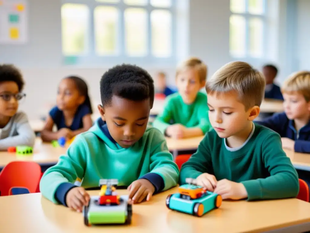 Grupo de niños entusiasmados aprendiendo robótica en aula moderna