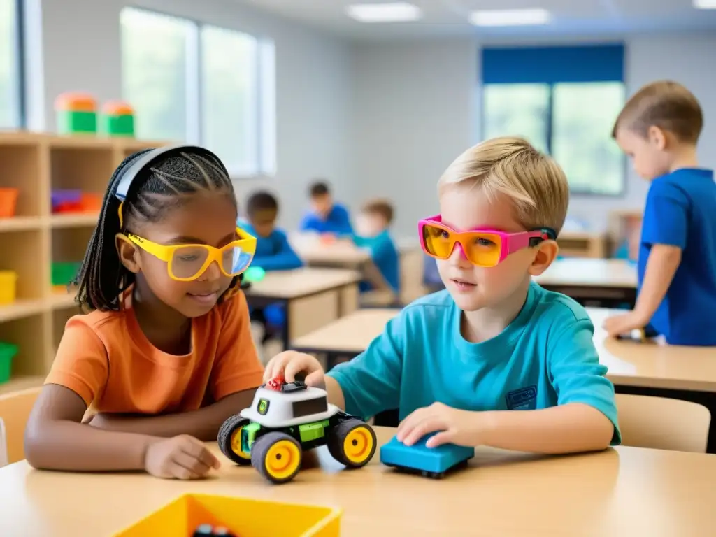 Grupo de niños con gafas de seguridad colaborando en ensamblar y programar vehículos robóticos en un aula luminosa con tecnología educativa