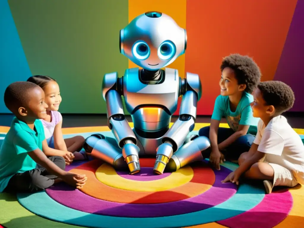 Un grupo de niños interactúa con un robot humanoide en un espacio moderno y luminoso