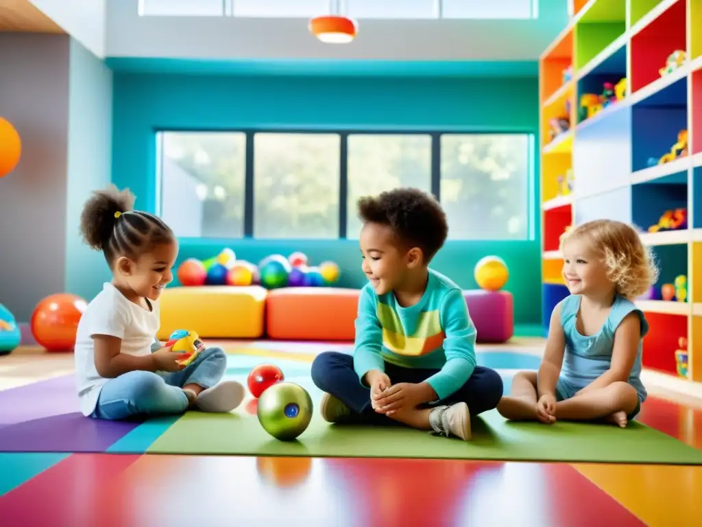 Grupo de niños jugando con juguetes conectados coloridos en una sala moderna