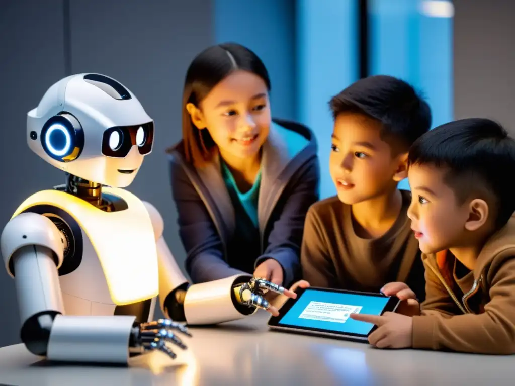 Un grupo de niños y un robot humanoide discuten animadamente en clase, mostrando la integración entre tecnología y educación