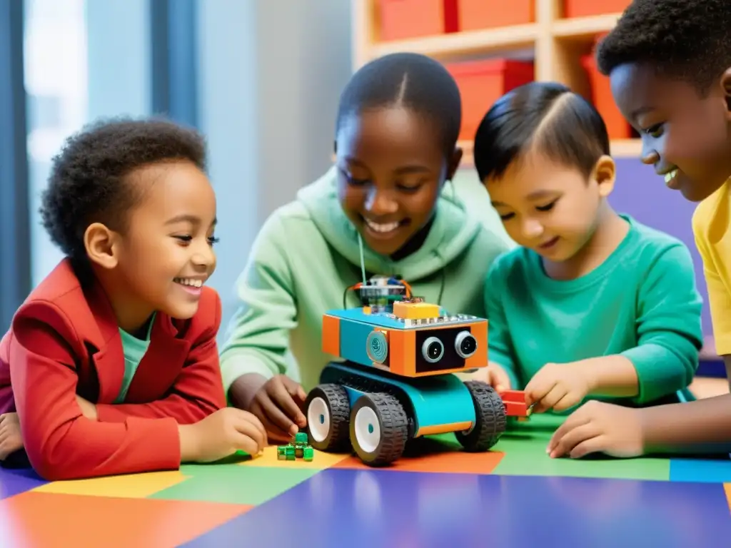 Grupo de niños disfrutando y aprendiendo robótica, colaborando en la programación de un robot entre bloques coloridos