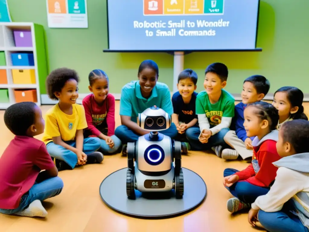 Un grupo de niños escucha atentamente a una roboticista mientras programa un robot