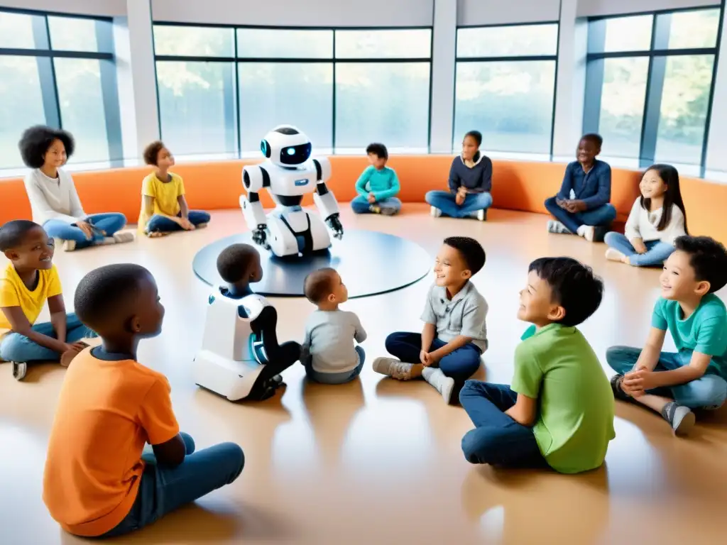 Grupo de niños interactuando con robots humanoides en un aula moderna y luminosa