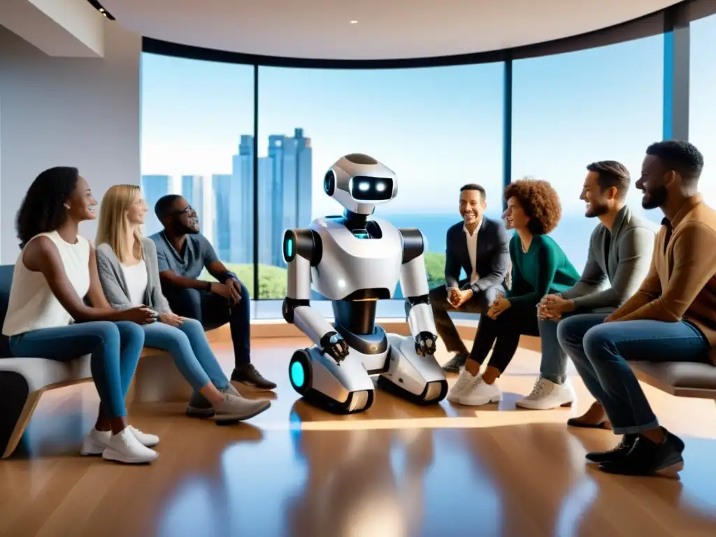 Un grupo de personas en una animada discusión con un robot en el centro, mostrando reacciones humanas a robots emergentes