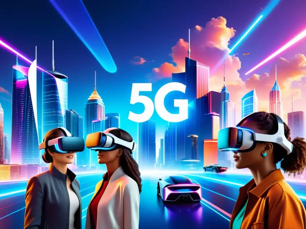 Experiencia VR en la ciudad futurista 5G Un grupo de personas inmersas en una ciudad futurista de realidad virtual con tecnología 5G