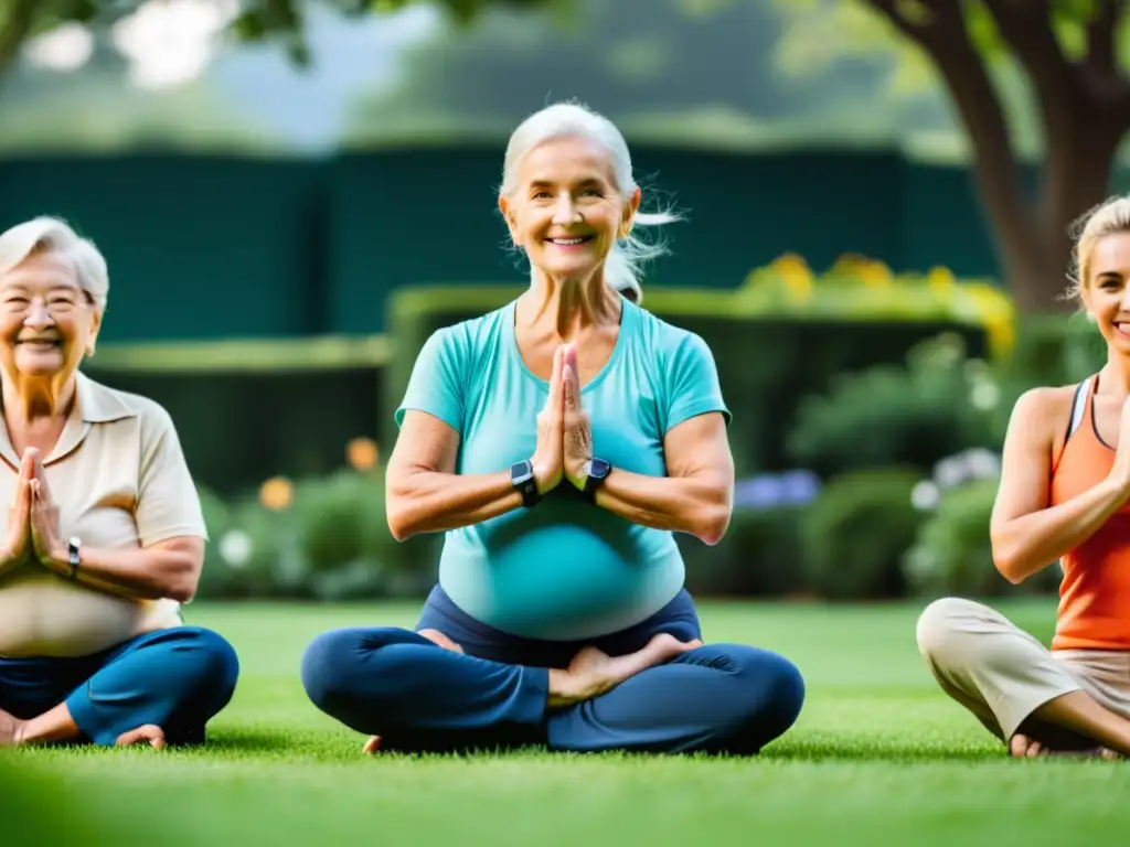 Un grupo de personas mayores disfruta de actividades al aire libre, como yoga y jardinería, con dispositivos IoT modernos