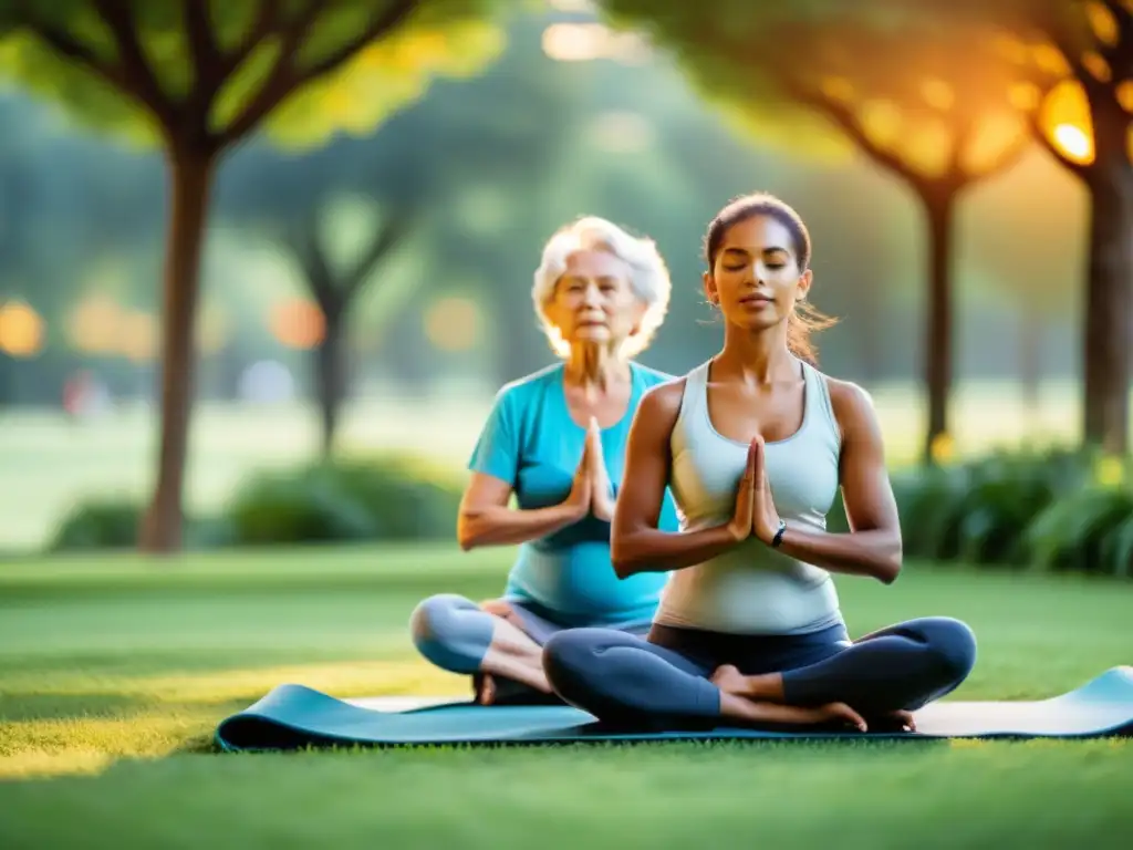 Un grupo de personas mayores disfruta de actividades al aire libre, como yoga en un parque tranquilo, con dispositivos IoT integrados sutilmente