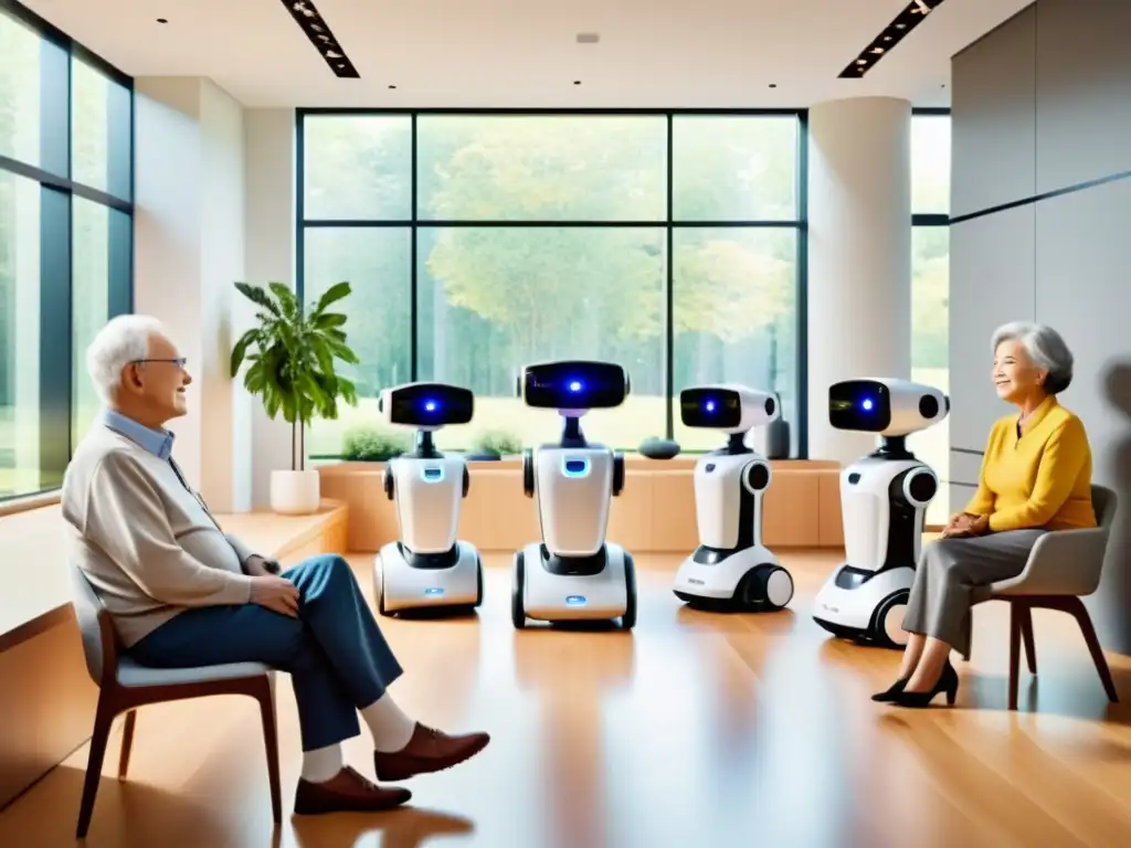 Un grupo de personas mayores disfruta de la compañía cálida y útil de robots modernos, en una habitación luminosa y acogedora