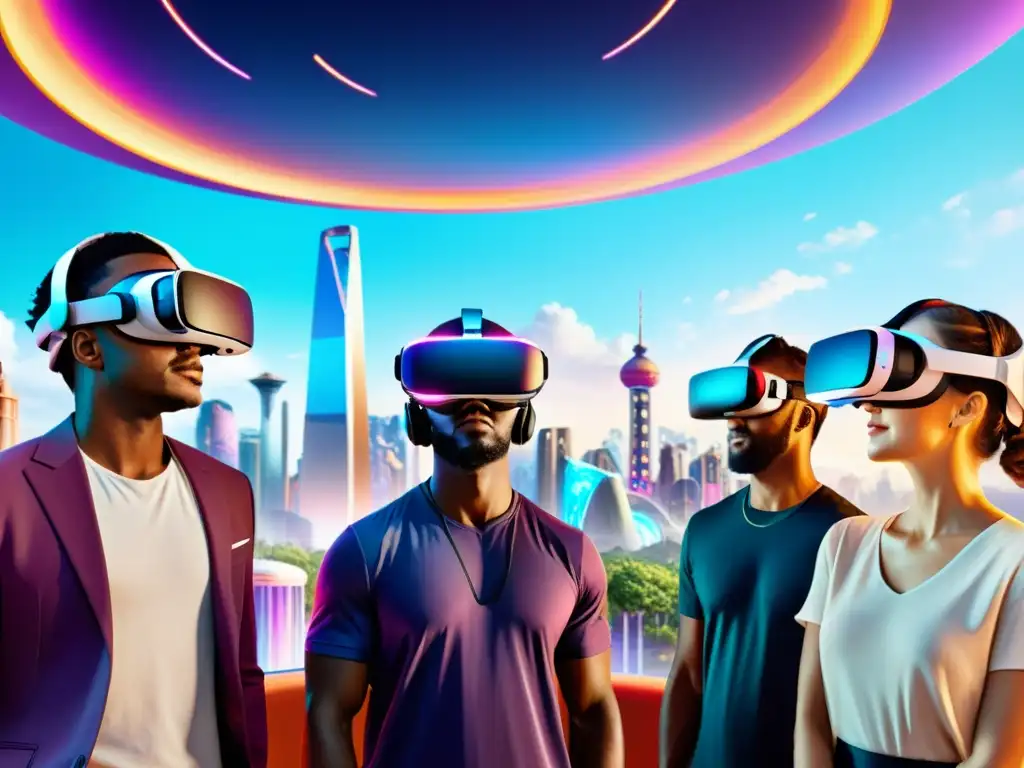 Un grupo de personas disfruta de Parques Temáticos Realidad Virtual en un mundo futurista de asombro y emoción