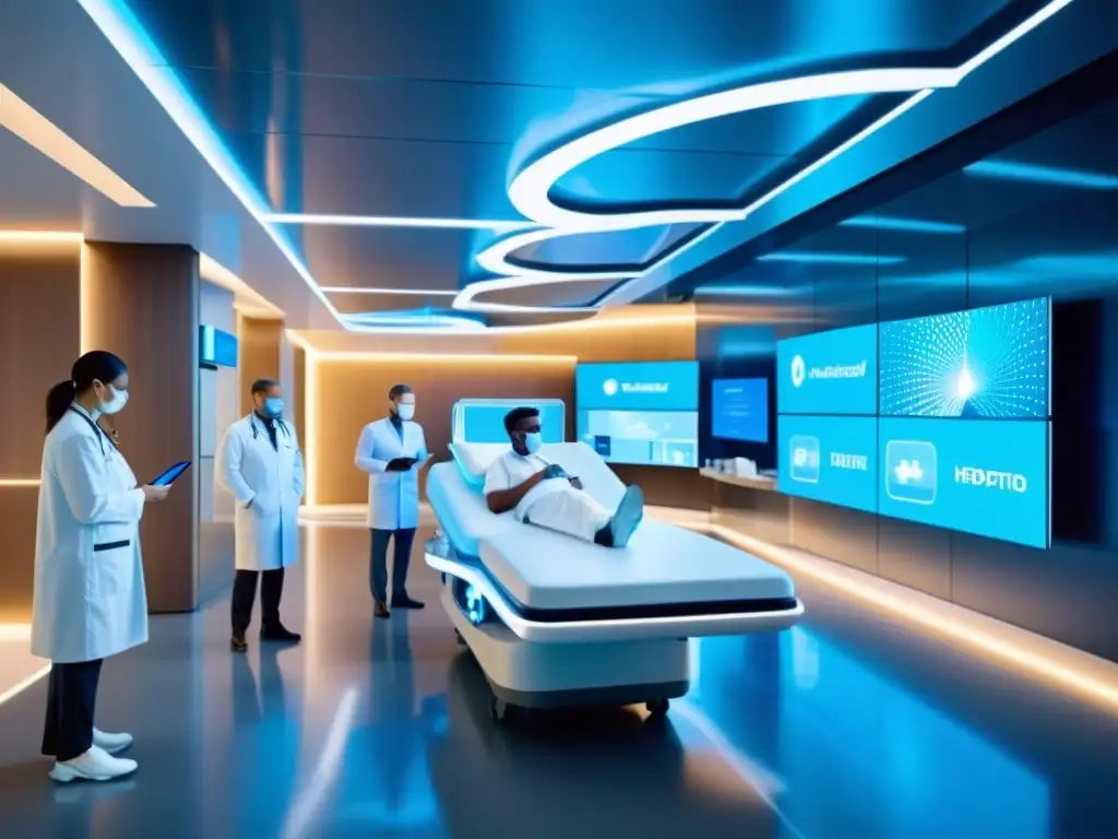 Grupo de profesionales médicos en hospital futurista usando dispositivos médicos 5G para terapias innovadoras