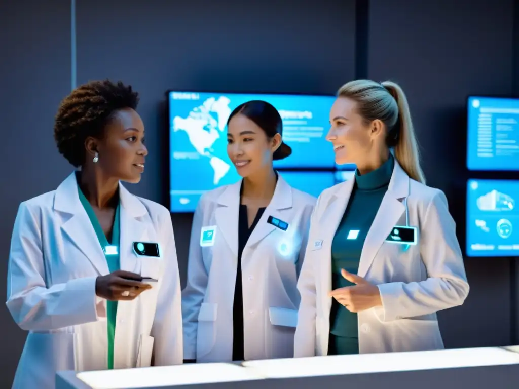 Un grupo de profesionales médicos rodeados de dispositivos médicos IoT avanzados, discutiendo con entusiasmo