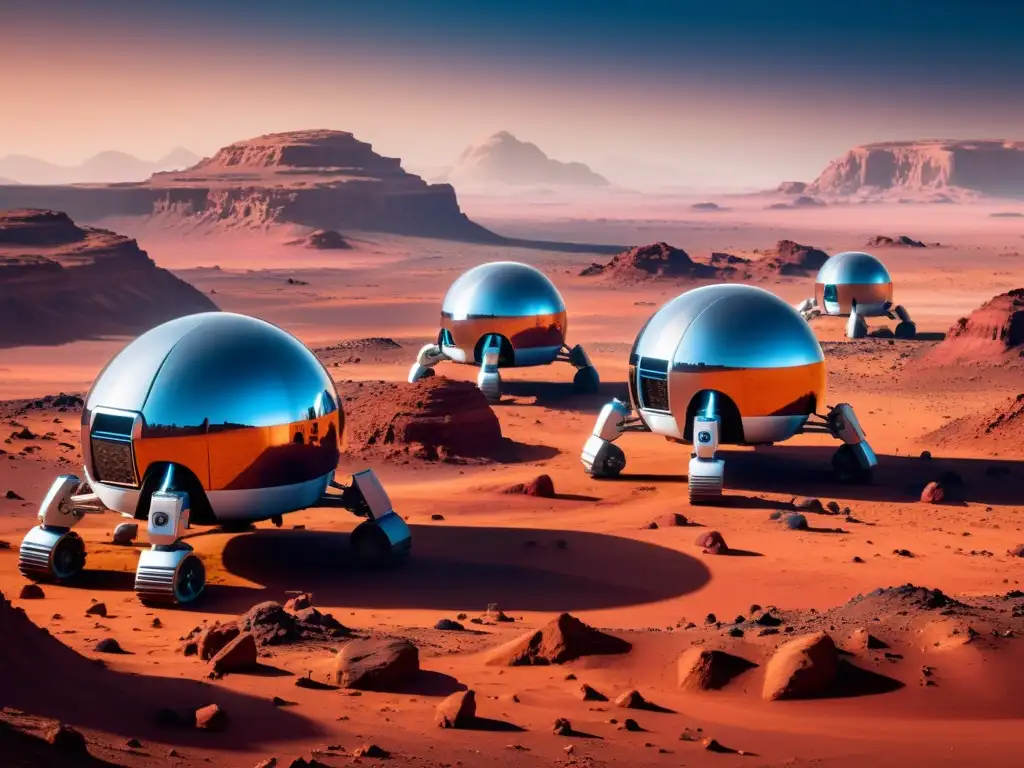 Robots futuristas construyen hábitat en Marte Un grupo de robots futuristas construye una vanguardista cúpula en Marte