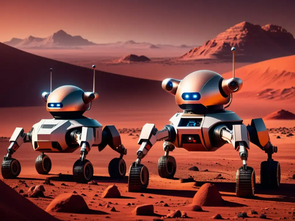 Robots construyendo hábitat en Marte Un grupo de robots metálicos trabajando juntos para construir un hábitat futurista en Marte