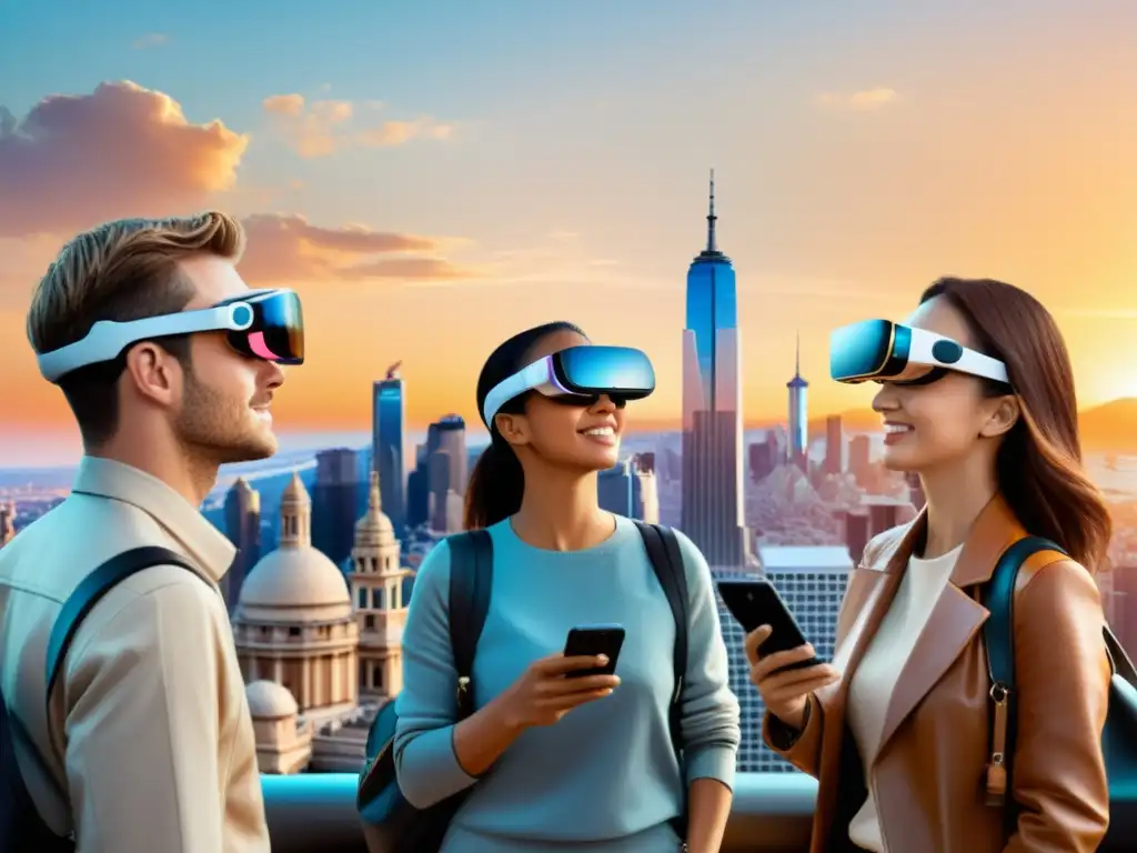 Un grupo de turistas usando gafas AR 5G explorando una ciudad