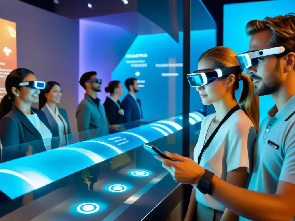 Grupo de turistas disfrutando de la integración del IoT en un museo interactivo futurista