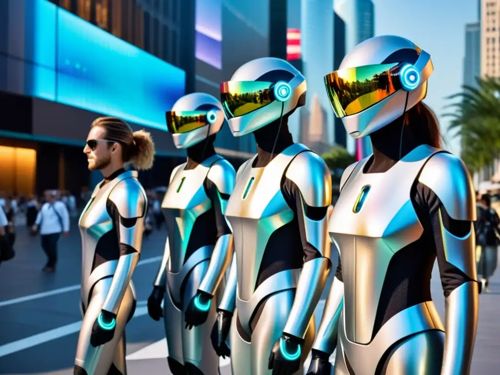 Grupo de turistas en trajes de nanotecnología explorando ciudad futurista