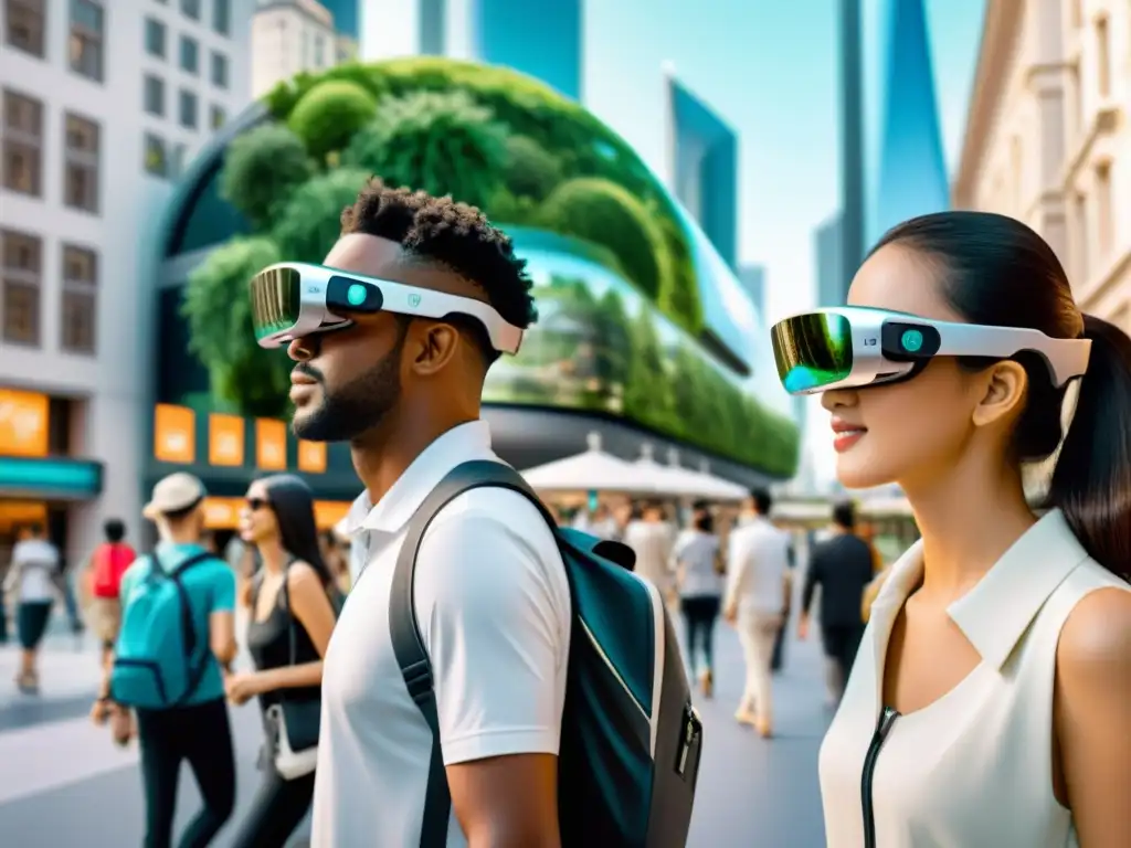 Grupo de viajeros con gafas AR explorando una ciudad inteligente vibrante, fusionando turismo inteligente con 5G en una experiencia futurista