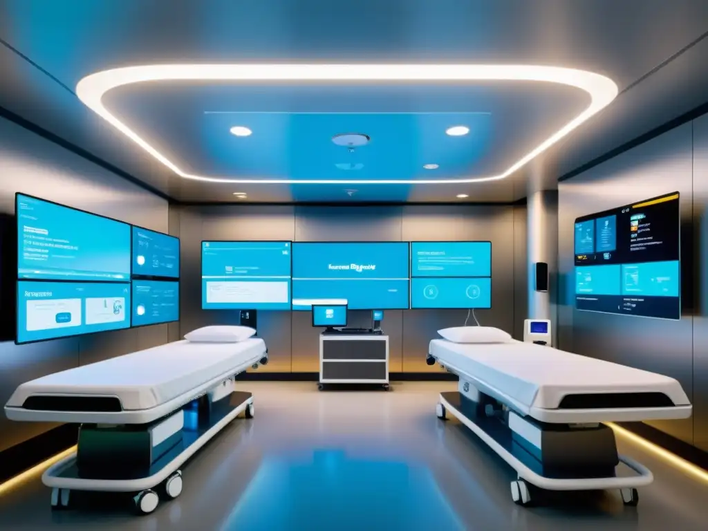 Una habitación futurista de hospital con tecnología de telemedicina avanzada y dispositivos médicos habilitados para 5G