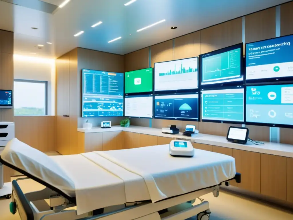 Avanzada sala de hospital con IoT para vigilancia epidémica Una habitación de hospital moderna con dispositivos IoT monitoreando equipos médicos y pacientes, exudando innovación en epidemiología de salud