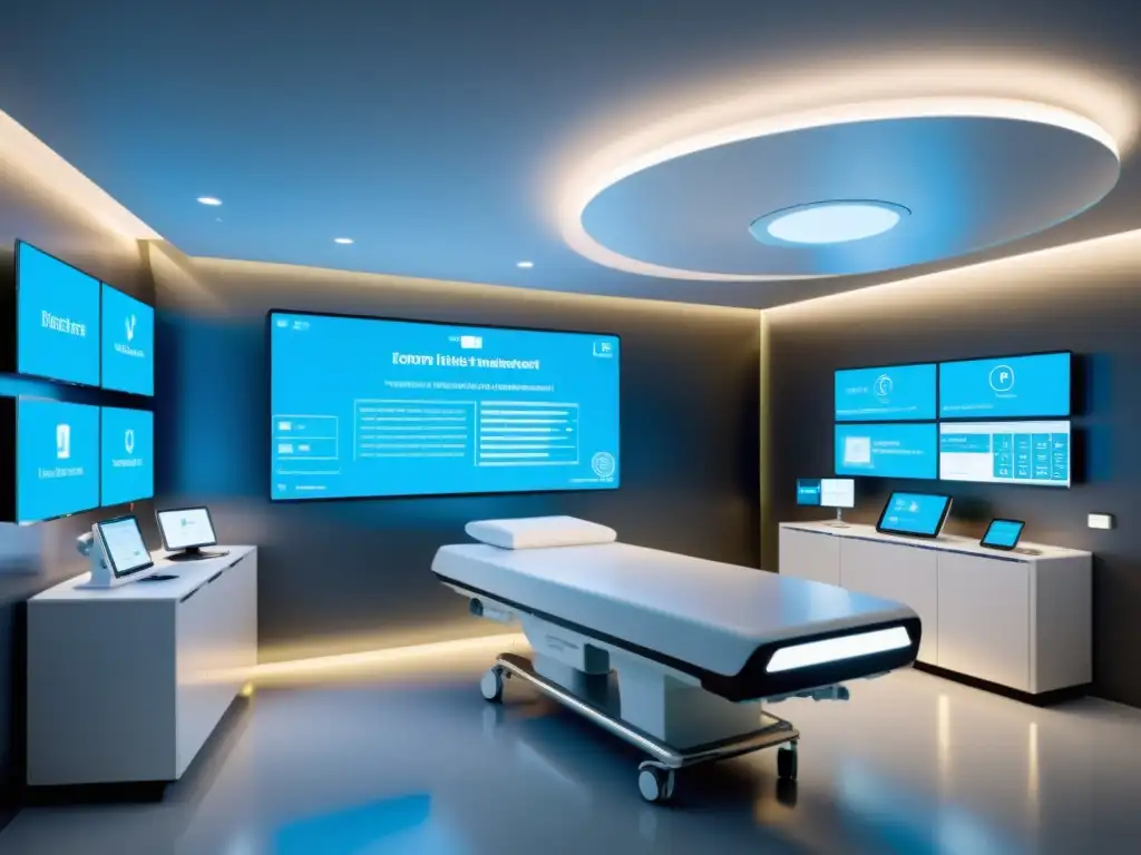 Una habitación hospitalaria futurista con tecnología médica de vanguardia, aplicaciones de big data en medicina y un ambiente innovador y calmante