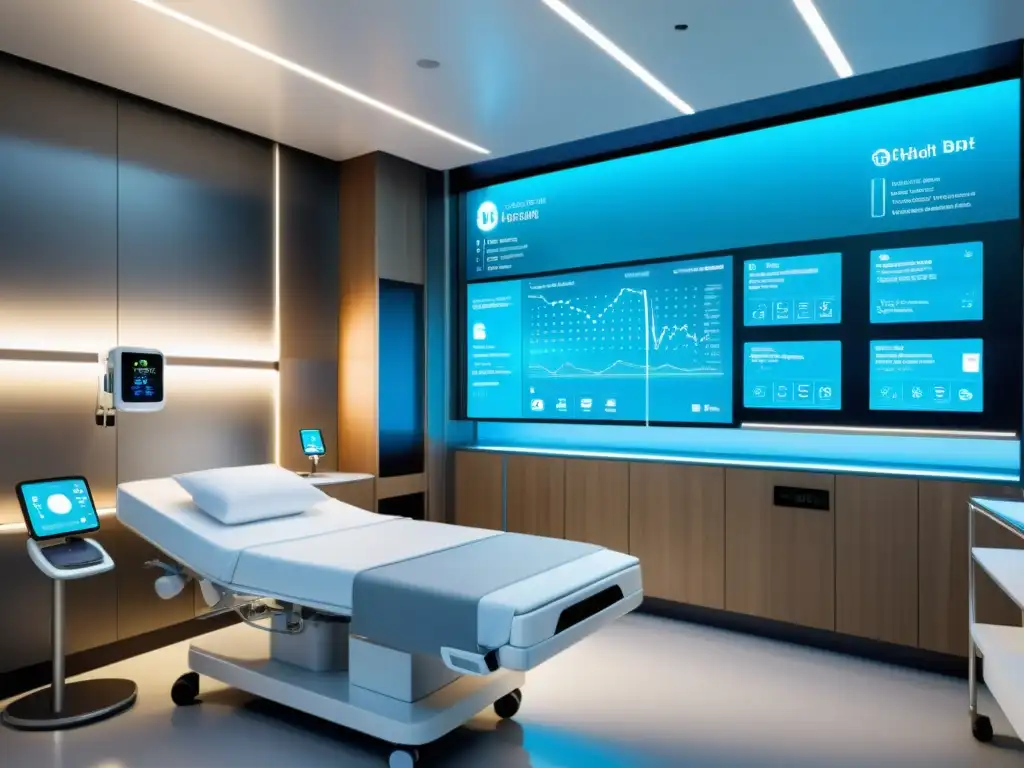 Una habitación hospitalaria moderna con avances tecnológicos IoT en salud, equipamiento médico de vanguardia y una atmósfera profesional innovadora