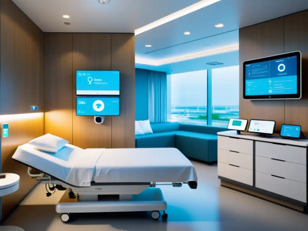 Una habitación hospitalaria moderna con dispositivos IoT integrados, iluminación confortable y tecnología avanzada