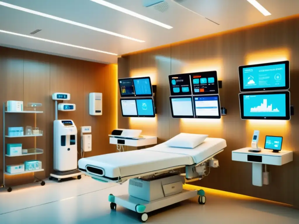 Una habitación hospitalaria moderna con equipos médicos avanzados y dispositivos IoT integrados