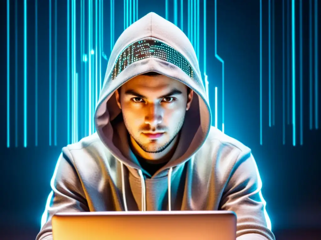 Un hacker con capucha se concentra frente a una computadora, rodeado de ciberseguridad en la Era Digital