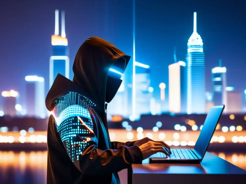 Un hacker en la ciudad digital de la noche, con líneas de código y datos brillantes